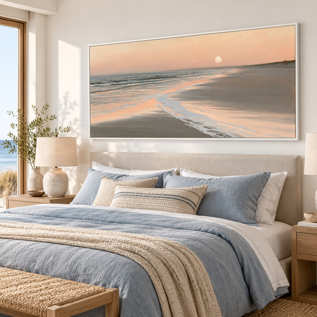 תמונת קנבס שקיעה שקטה מעל קו החוף בגווני אפרסק וכחול | דגם TB2614