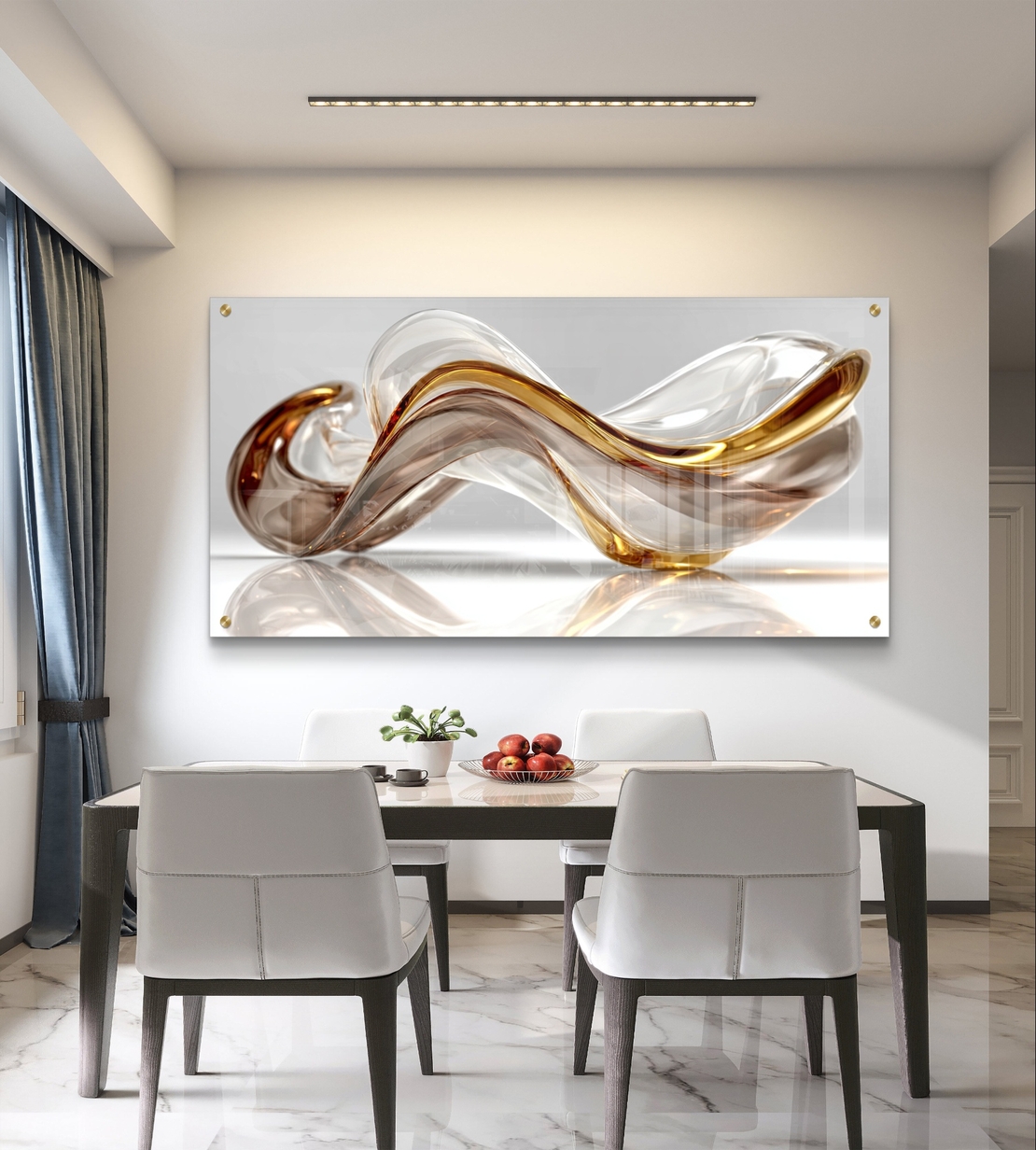 תמונת זכוכית אבסטרקטית עם סרט זכוכית שקוף-ענברי וקו זהב על רקע לבן נקי