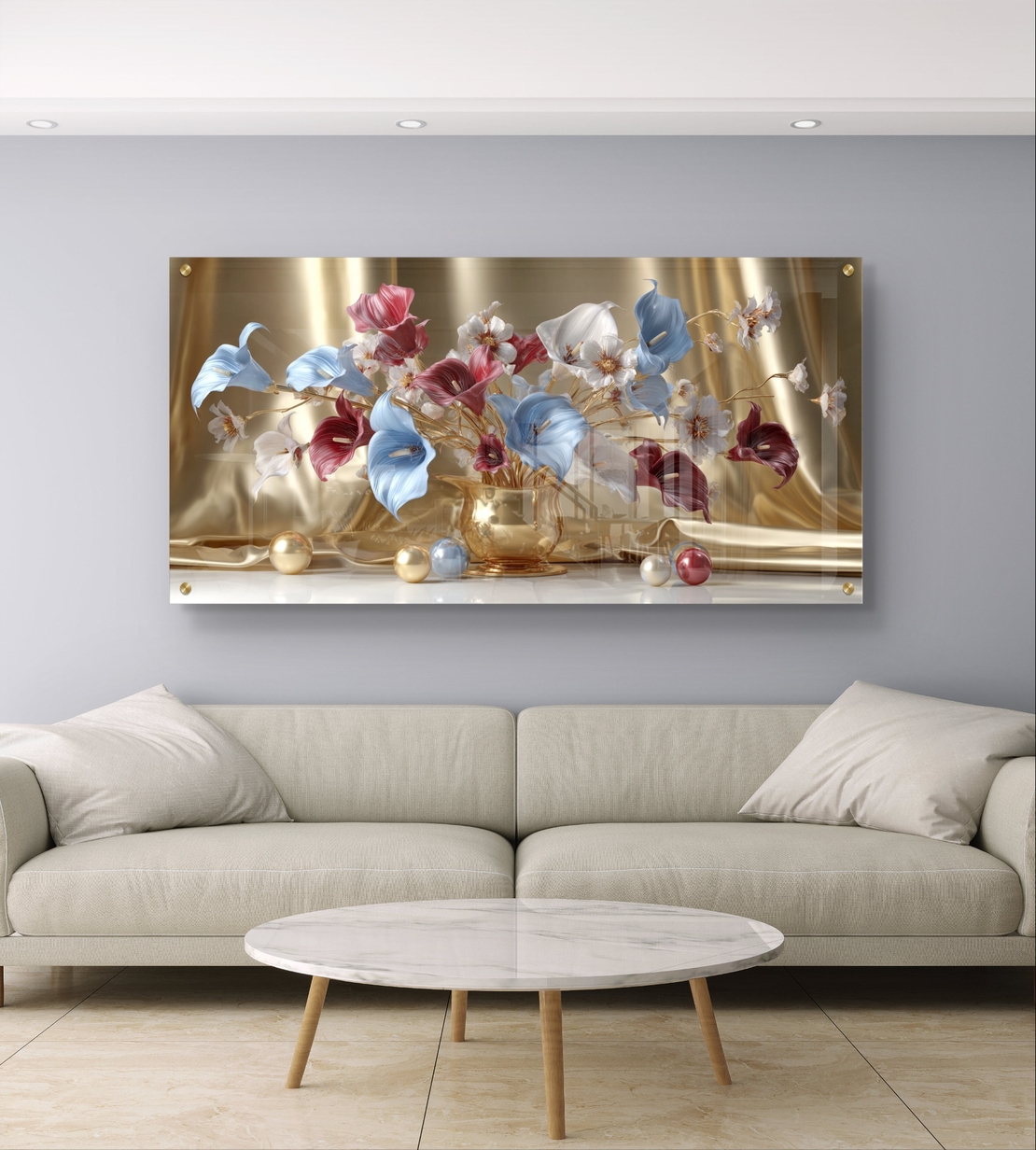 תמונת זכוכית לרוחב עם סידור פרחים מוזהב בגווני ורוד, כחול ולבן על רקע זהוב בהדפסה חלקה