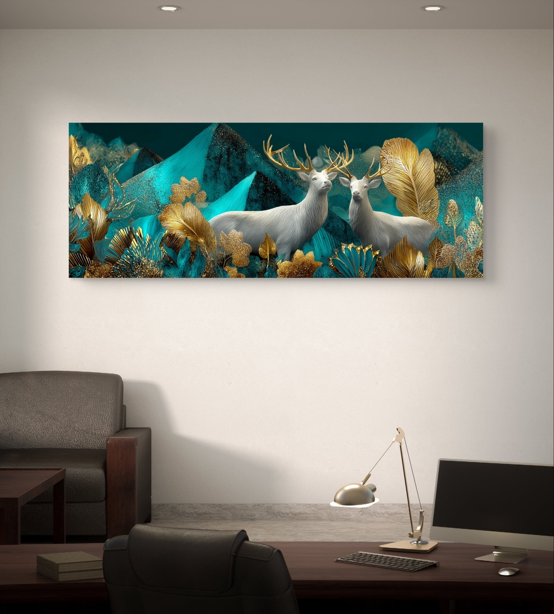 תמונה פנורמית יוקרתית בסגנון טבע פנטסטי בגווני אזמרגד וזהב.