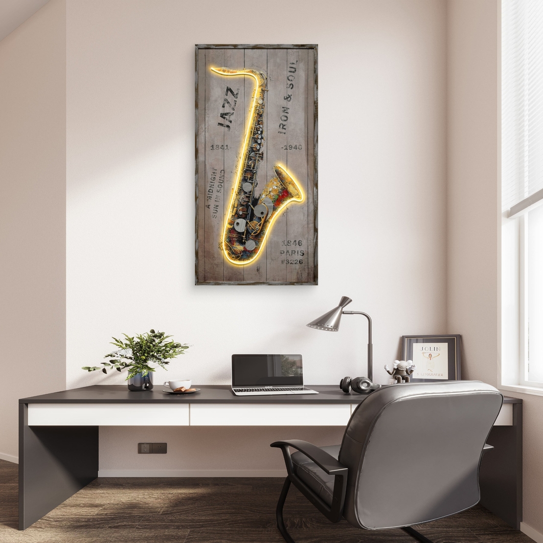 תמונת LED סקסופון וינטג׳ – הדפס משודרג עם מריחות צבע, מופעלת על סוללות עם שלט רחוק מידה 123*63 ס