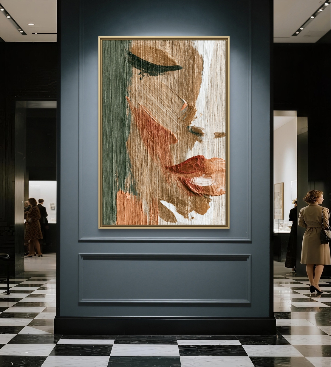 תמונת קנבס אנכית עם דיוקן נשי מופשט בגווני זית טרקוטה בז׳ ולבן