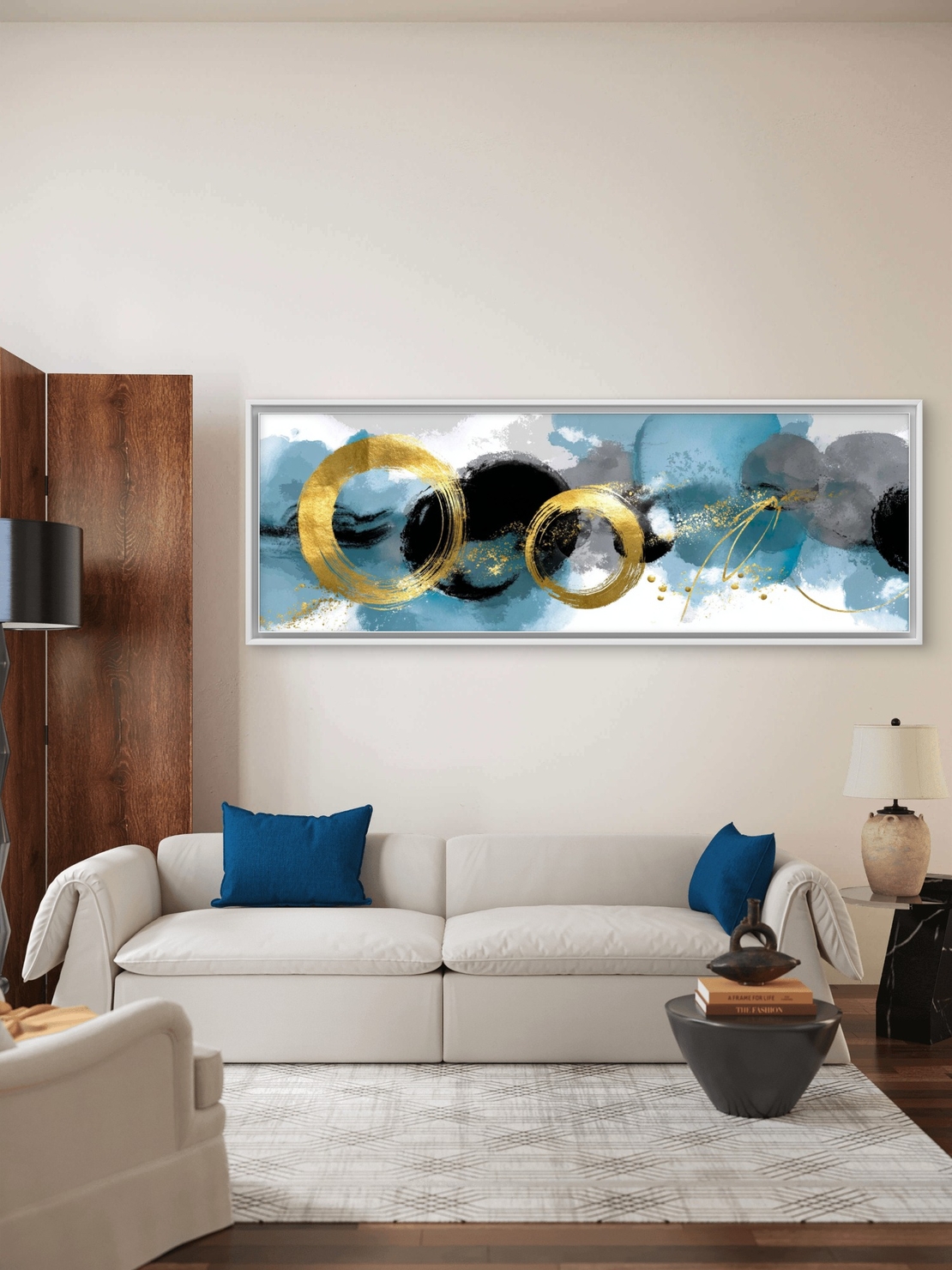 תמונת קנבס פנורמית מודרנית בגווני תכלת שחור וזהב עם מעגלים מוזהבים – תכשיט לבית