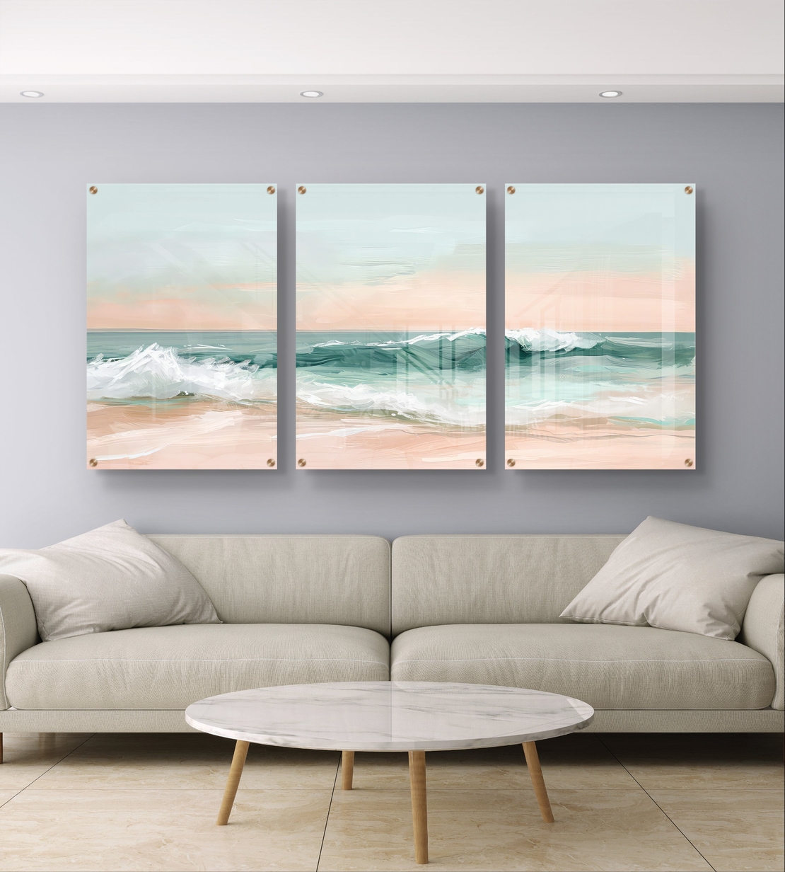 שלשת תמונות זכוכית חוף פסטלי בגווני טורקיז, שמנת ואפרסק – דגם GG5471