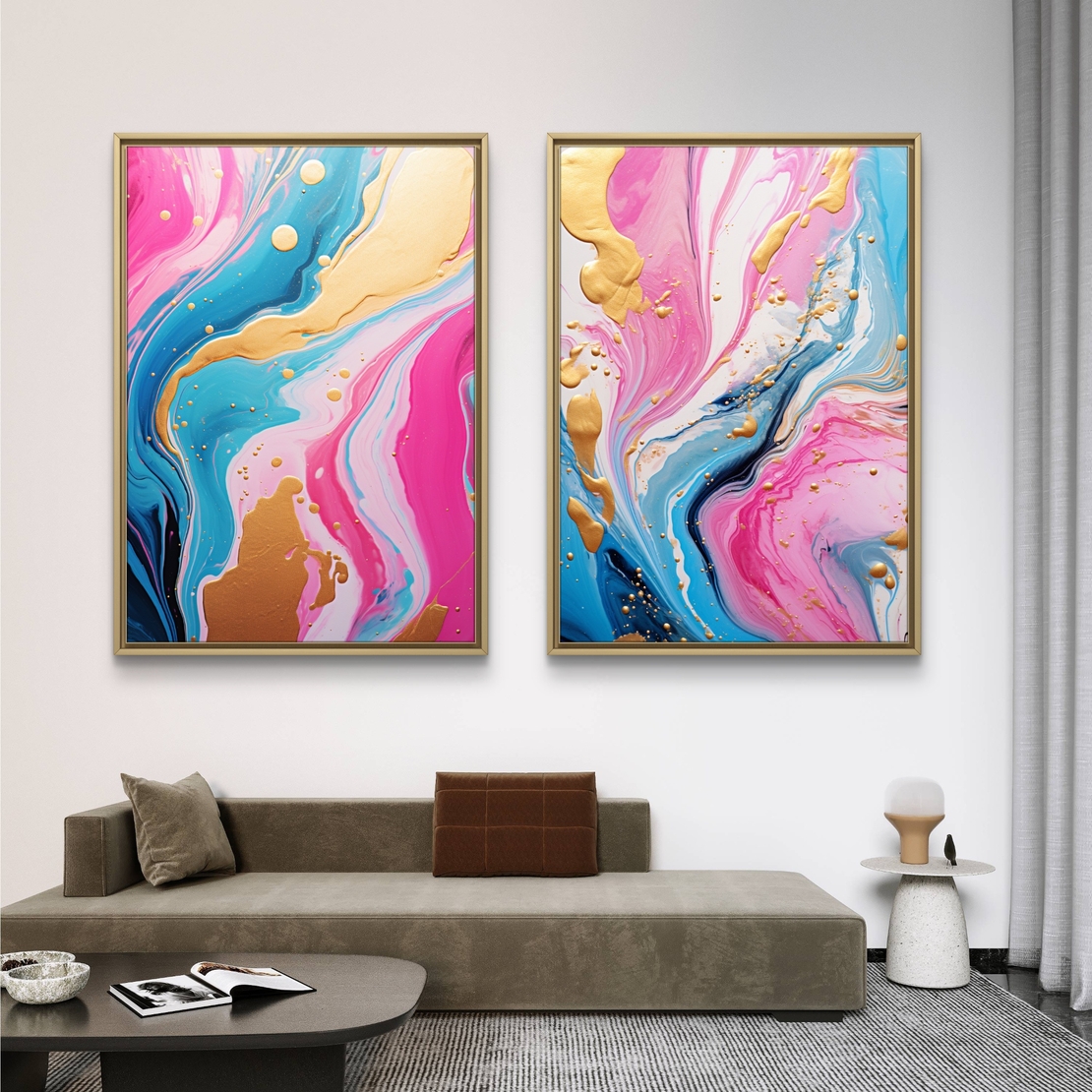 תמונת קנבס זוגית אבסטרקטית בגווני ורוד, תכלת וזהב בעיצוב יוקרתי לסלון
