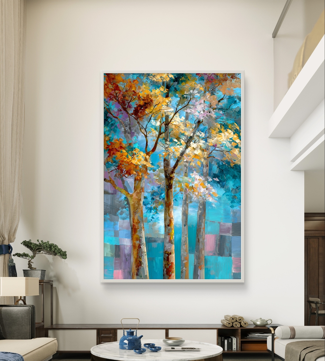 תמונת קנבס עם עצים אמנותיים בגווני תכלת, טורקיז וזהב, בעיצוב מודרני ומרגיע לבית