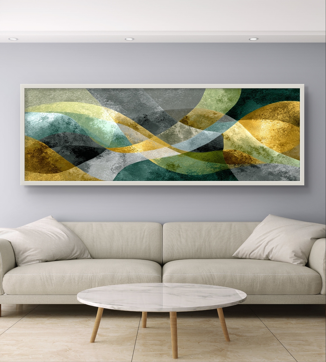 גלי זית – תמונת קנבס אבסטרקטית עם קווים זורמים בגווני ירוק, אפור וזהב | CL6001