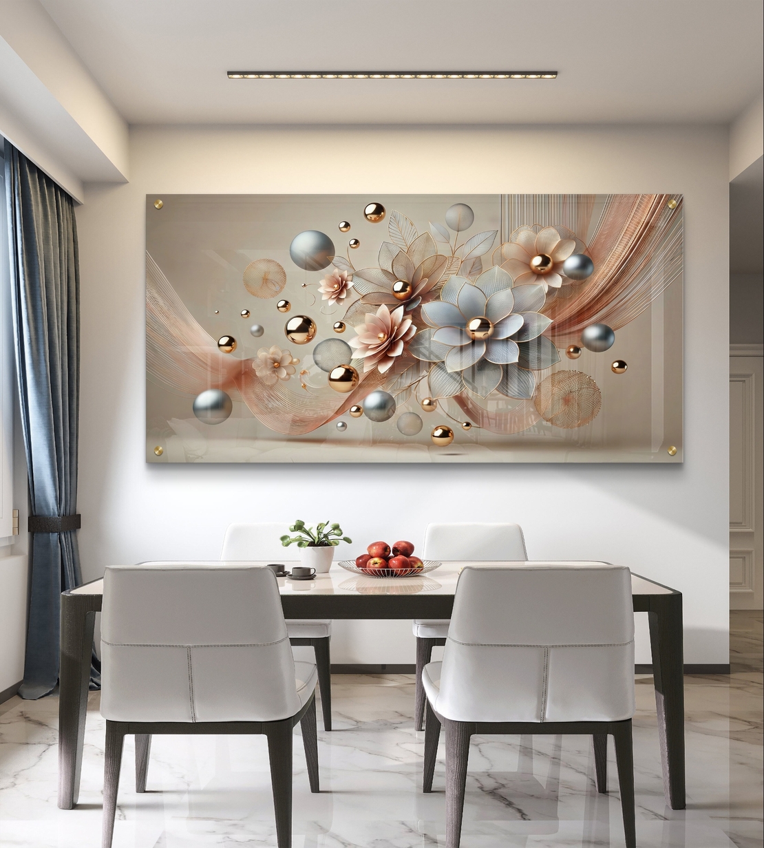 יצירת זכוכית יוקרתית בגווני רוז גולד, שמנת וכסף עם קומפוזיציה אוורירית