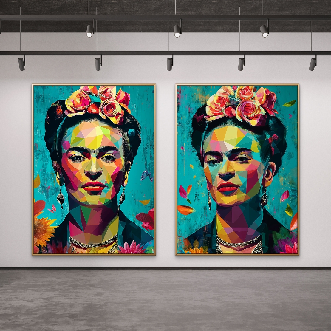 צמד תמונות קנבס של פרידה קאלו בעיצוב גיאומטרי צבעוני מתוך קולקציית NEXTGEN BY BAR מבית תכשיט לבית.