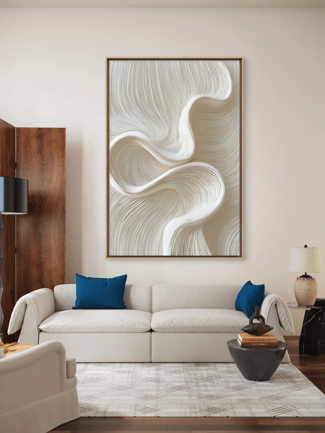 תמונת קנבס אבסטרקטית בגווני שמנת ובז’ עם קווים זורמים, עיצוב מינימליסטי מודרני מסדרת NEXTGEN BY BAR