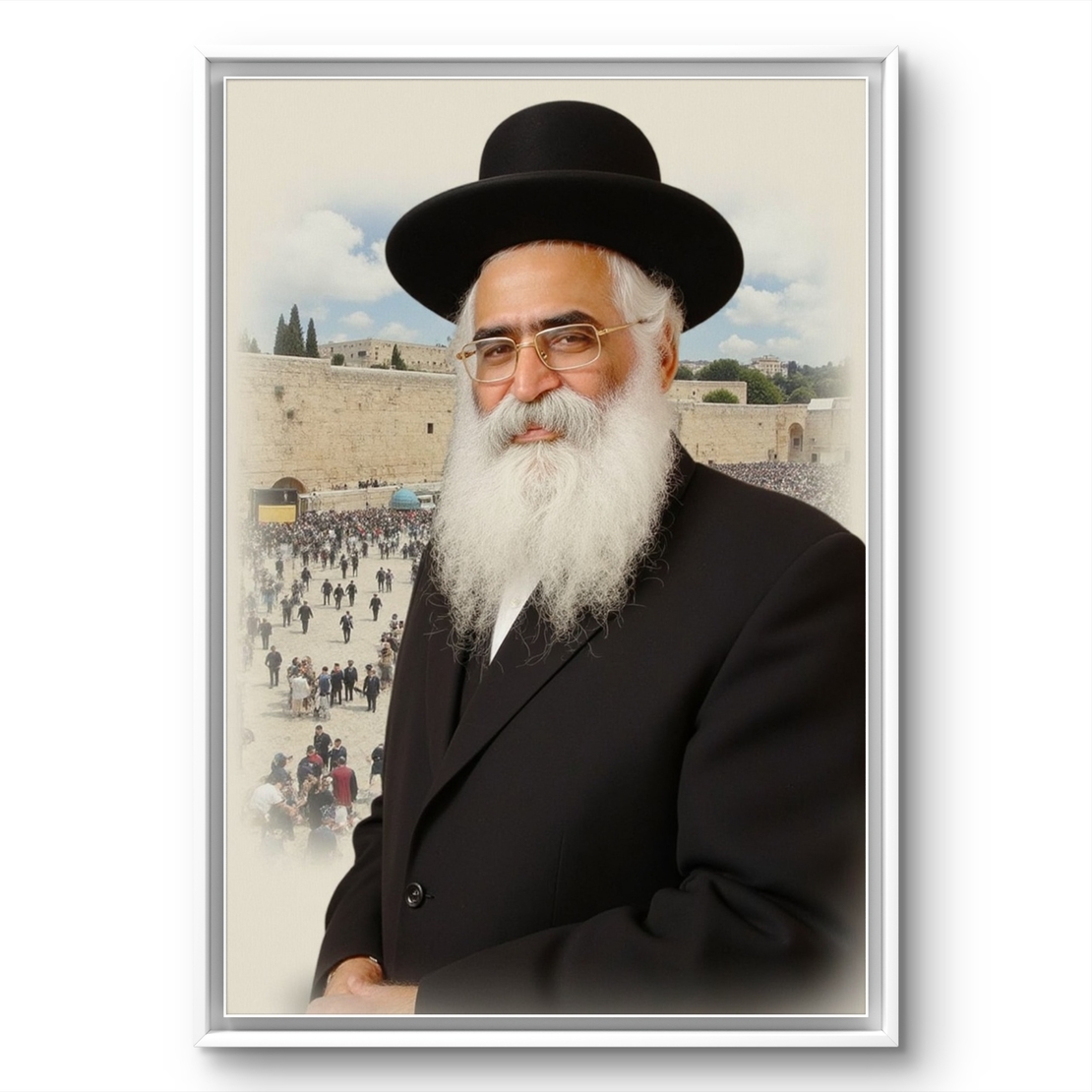 תמונת קנבס של הרב אברג'יל עם רקע הכותל, לבוש חסידי, מבט עמוק ותחושת קדושה – מתוך קולקציית תכשיט לבית.