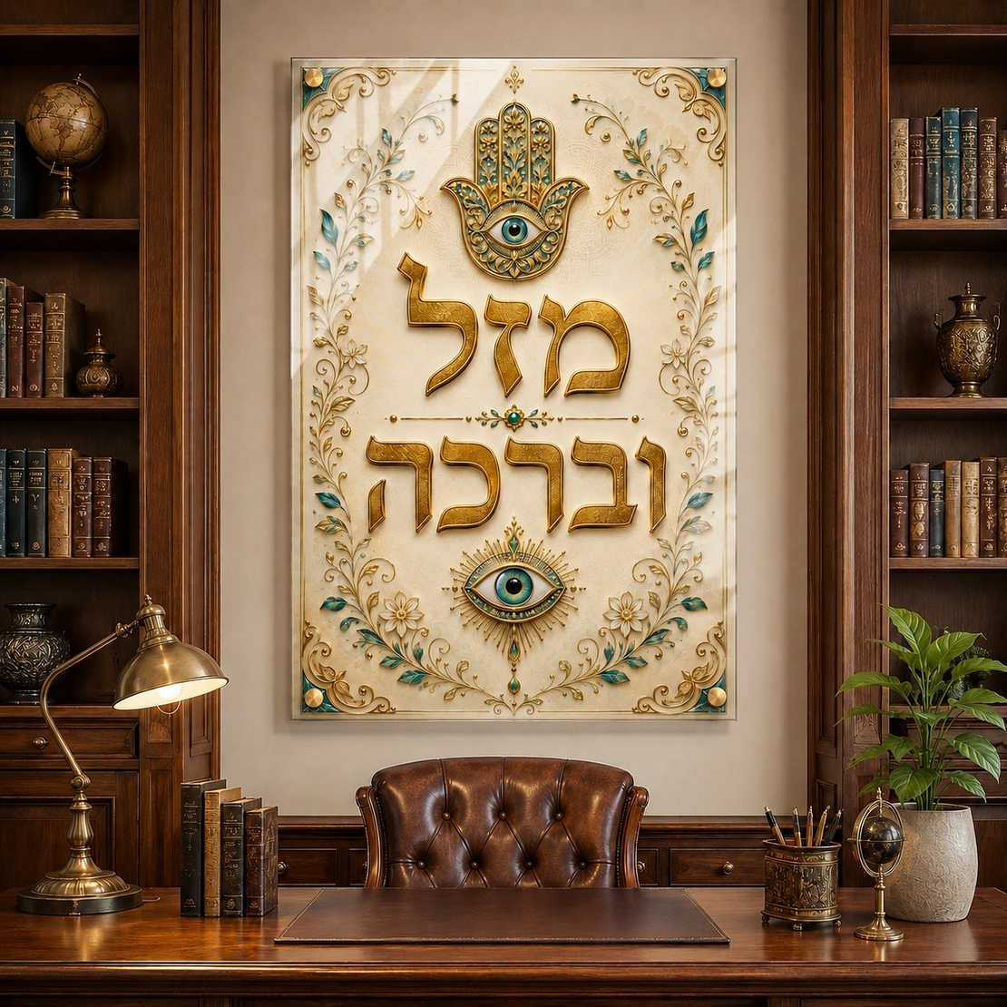 מזל וברכה – תמונת זכוכית חמסה זהב וטורקיז עם ספייסרים מוזהבים | RG452