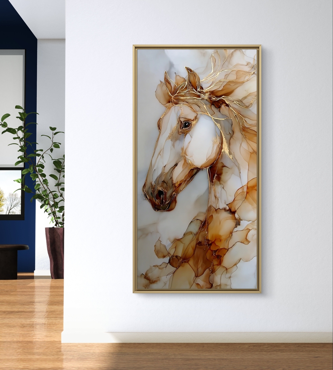 תמונת קנבס לאורך עם ראש סוס אצילי בגווני לבן, חום וזהב בעיצוב אמנותי יוקרתי