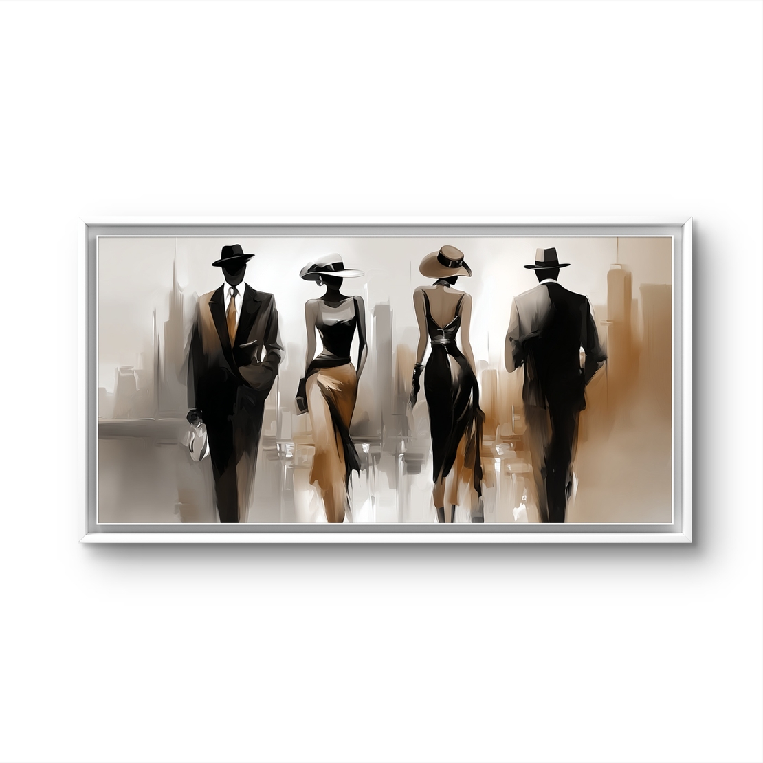 תמונת קנבס לרוחב עם דמויות אופנתיות בגווני שחור ובז׳ בסגנון עירוני אלגנטי, בהדפסה חלקה לעיצוב מודרני ויוקרתי.