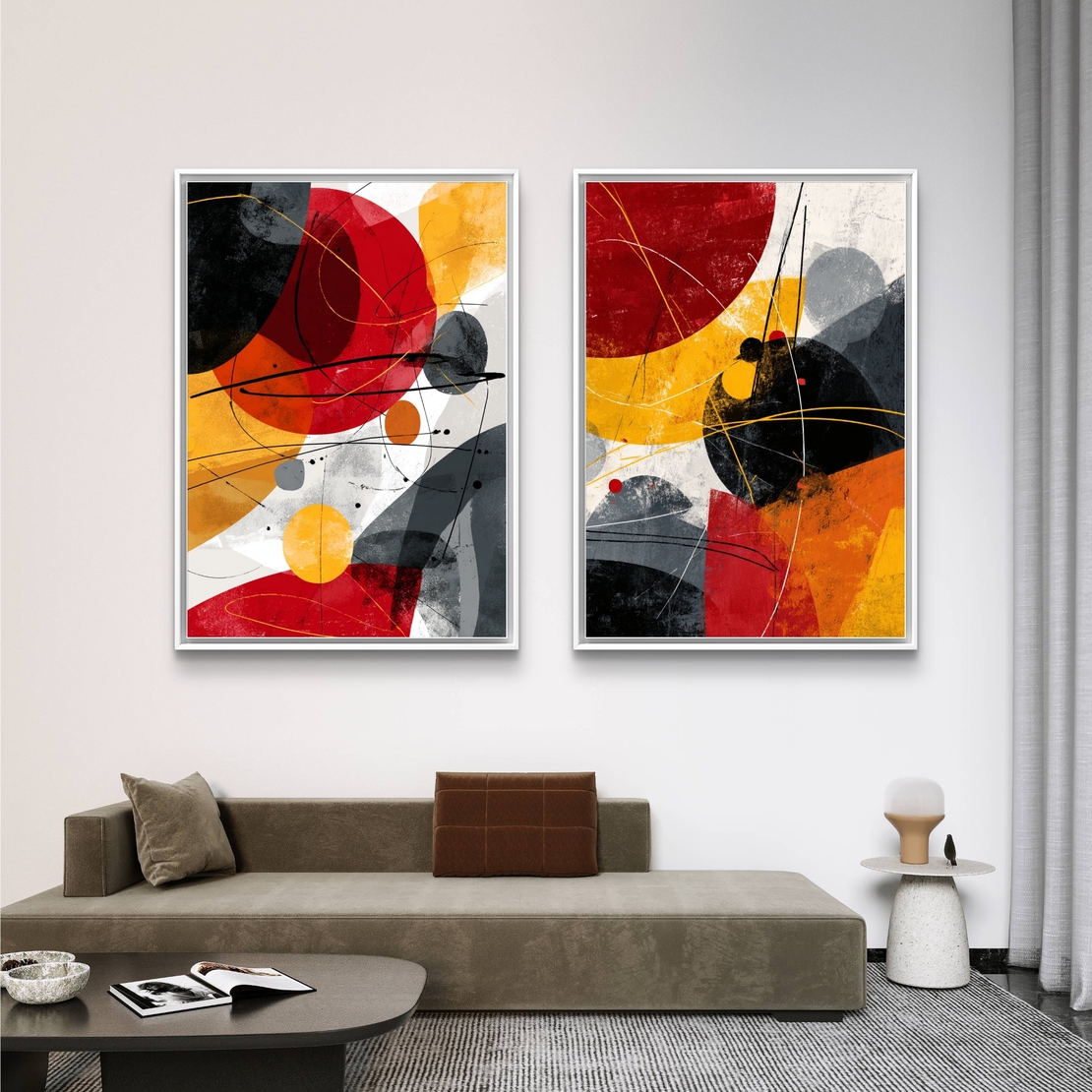 סט תמונות קנבס זוגי בעיצוב אבסטרקט צבעוני בגווני אדום, צהוב, שחור ואפור – תכשיט לבית