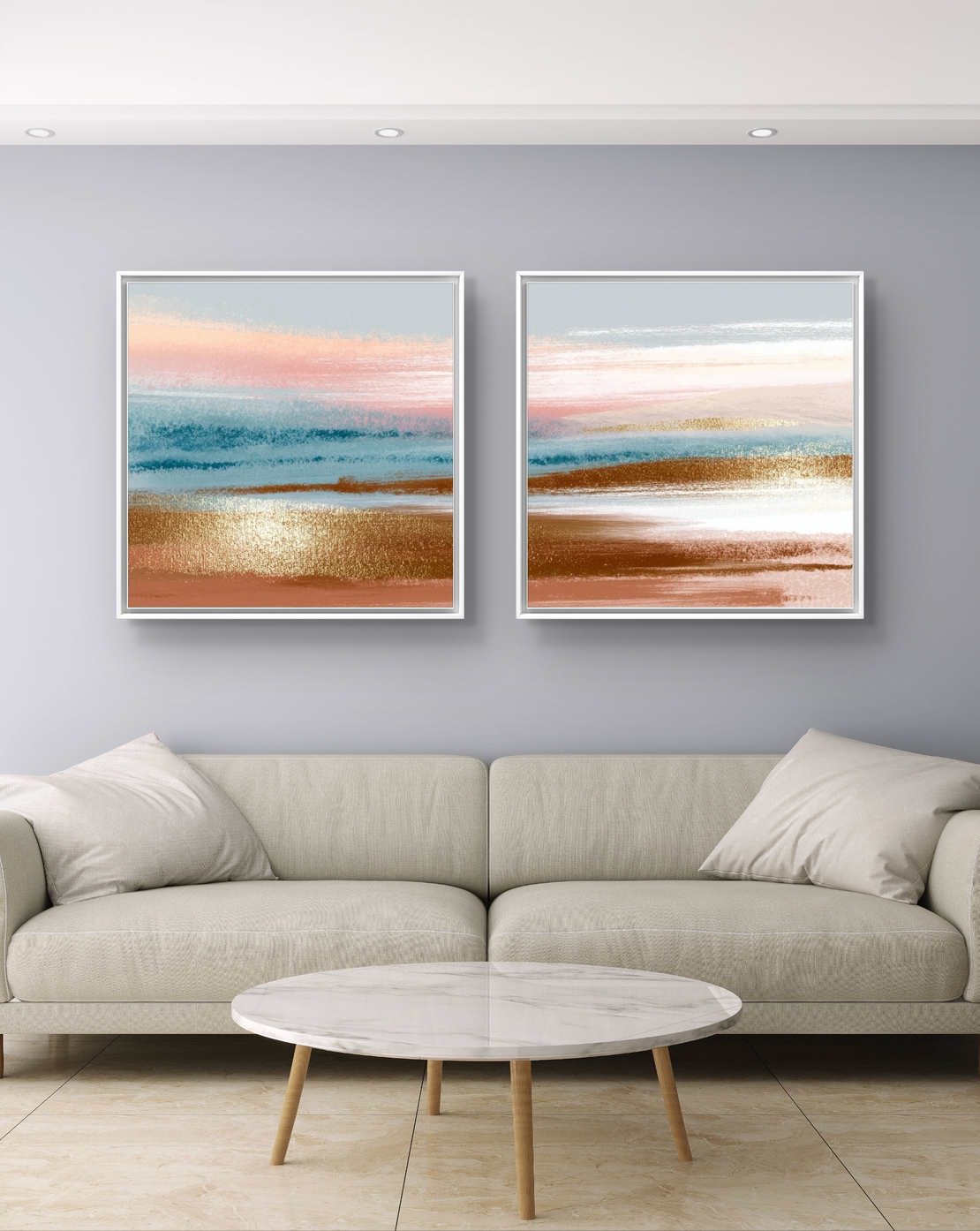 זוג תמונות קנבס מרובעות בגווני פסטל עדינים המדמים שקיעה רגועה – תכשיט לבית