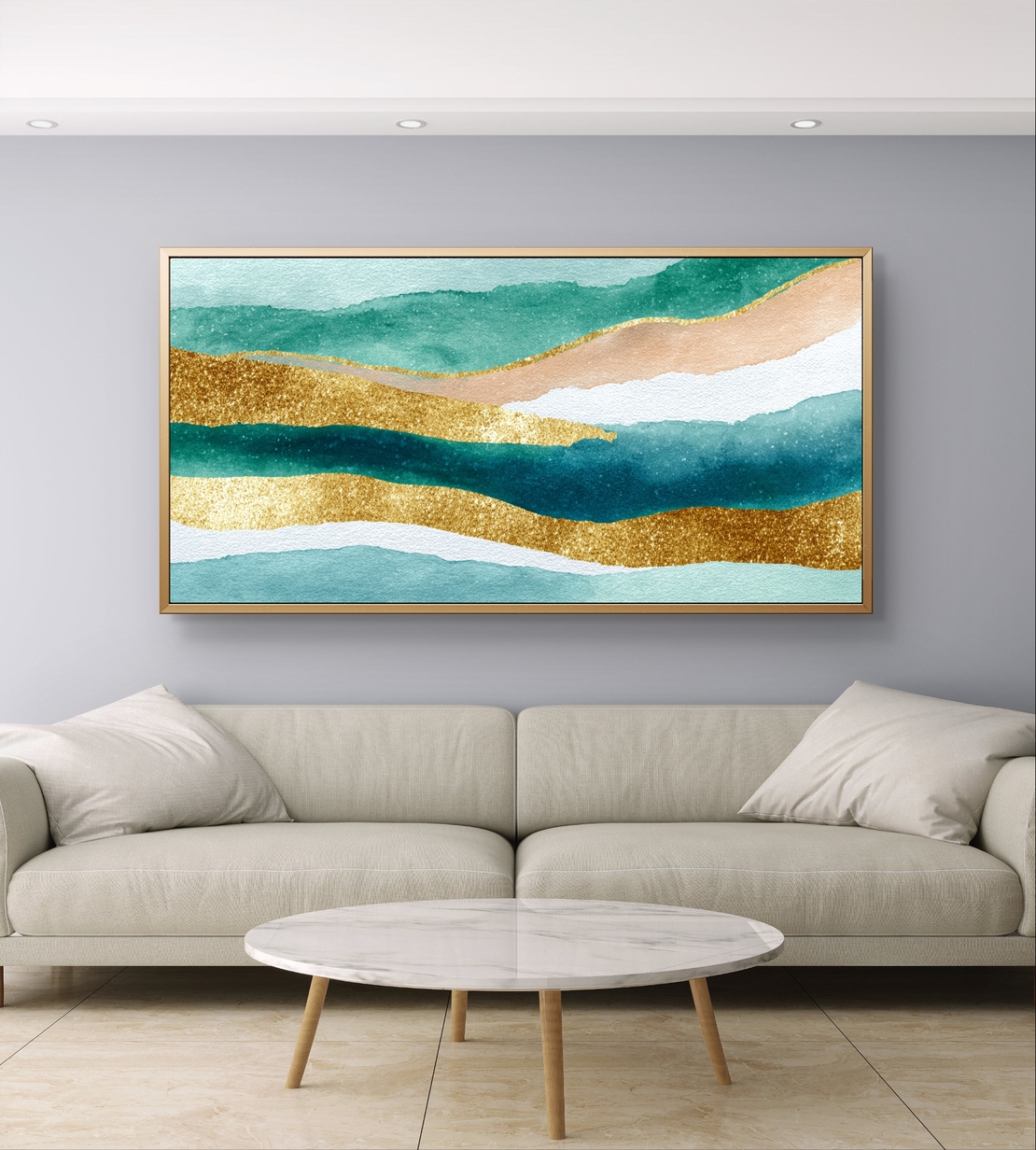 תמונת קנבס אבסטרקט טורקיז וזהב לרוחב – גלי אקוורל יוקרתיים | CJ6531