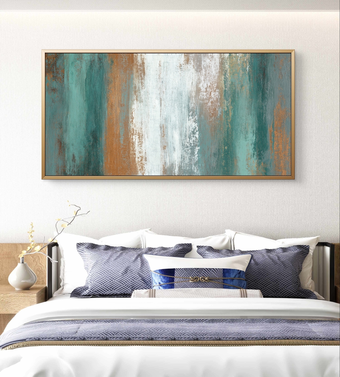 קנבס מינימליסטי מודרני עם טקסטורה עדינה בגווני טורקיז, ירקרק וחום לעיצוב נקי