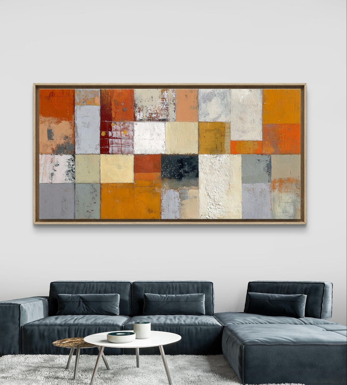 תמונת קנבס בסגנון פסיפס מופשט בגווני כתום, שמנת ואפור, בהדפסה חלקה ללא תבליט מקולקציית תכשיט לבית.