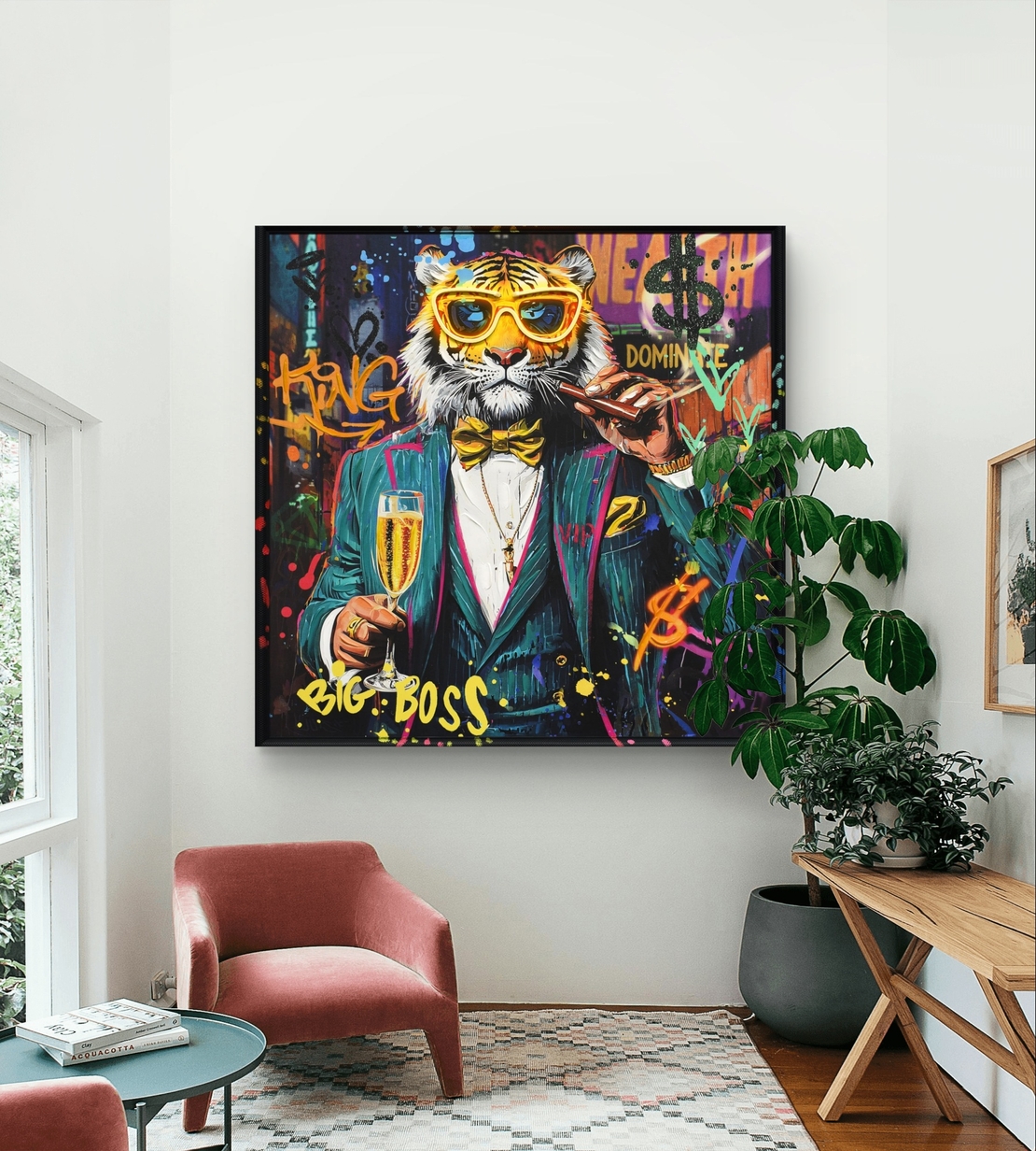 תמונת טייגר BIG BOSS מוארת עם שלט רחוק וסוללות – אמנות LED - מידות 83*83 ס
