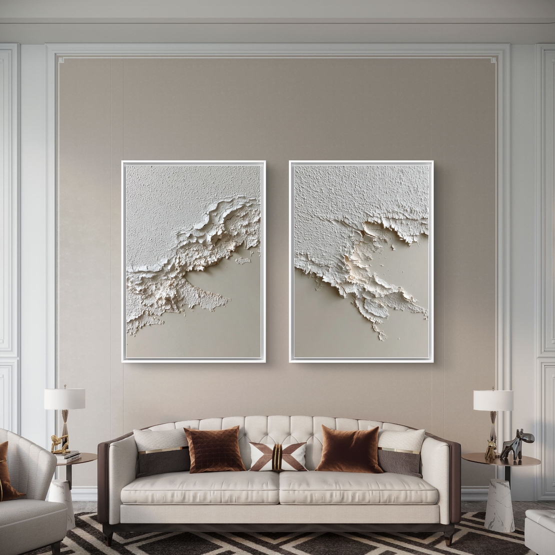 תמונת קנבס זוגית מינימליסטית בגווני לבן ושמנת עם טקסטורה עדינה ומראה רגוע