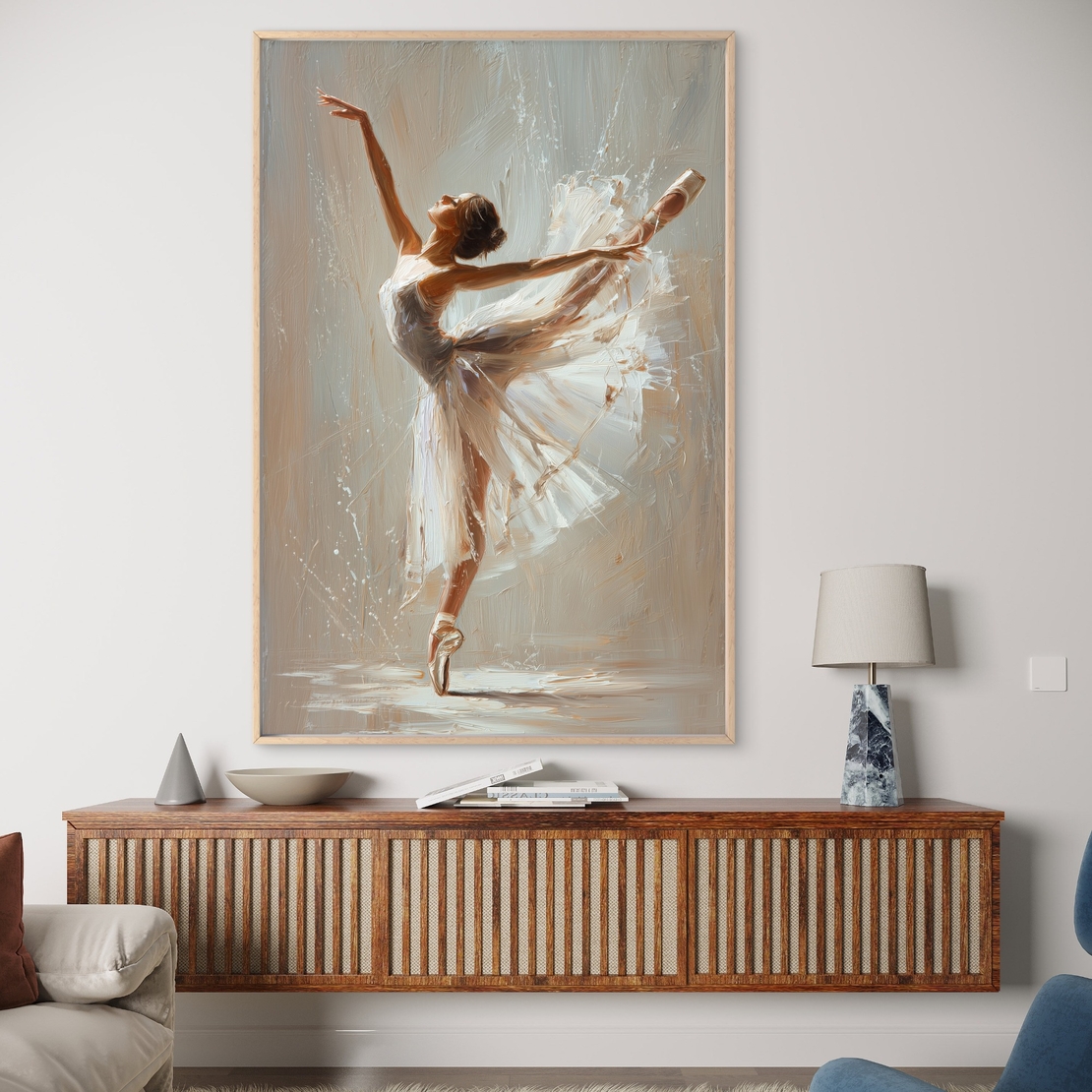 תמונת קנבס של רקדנית בלט לבושה בשמלה לבנה בתנועה אלגנטית, מודפסת בהדפסה חלקה ואיכותית מקולקציית NEXTGEN BY BAR.