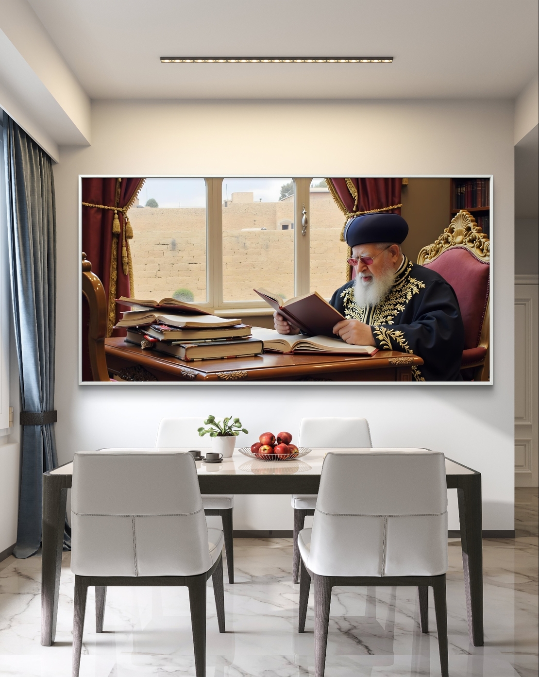 תמונת קנבס המציגה רב גדול בלימוד תורה, יושב לצד שולחן עם ספרי קודש, על רקע נוף יהודי מסורתי הנשקף מחלון גדול.