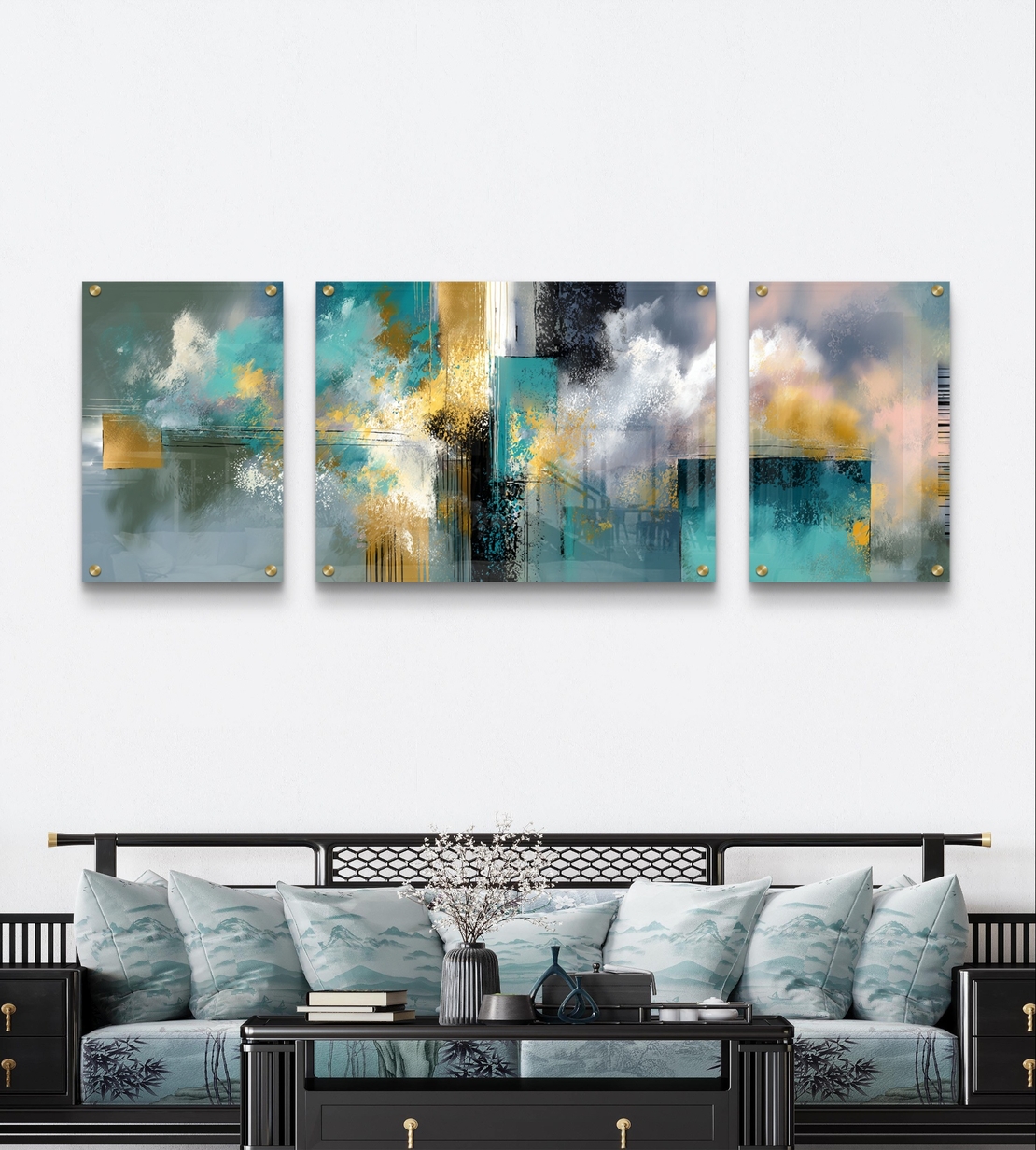 תמונת זכוכית מחולקת אבסטרקטית בגווני טורקיז, אפור וזהב בעיצוב מודרני