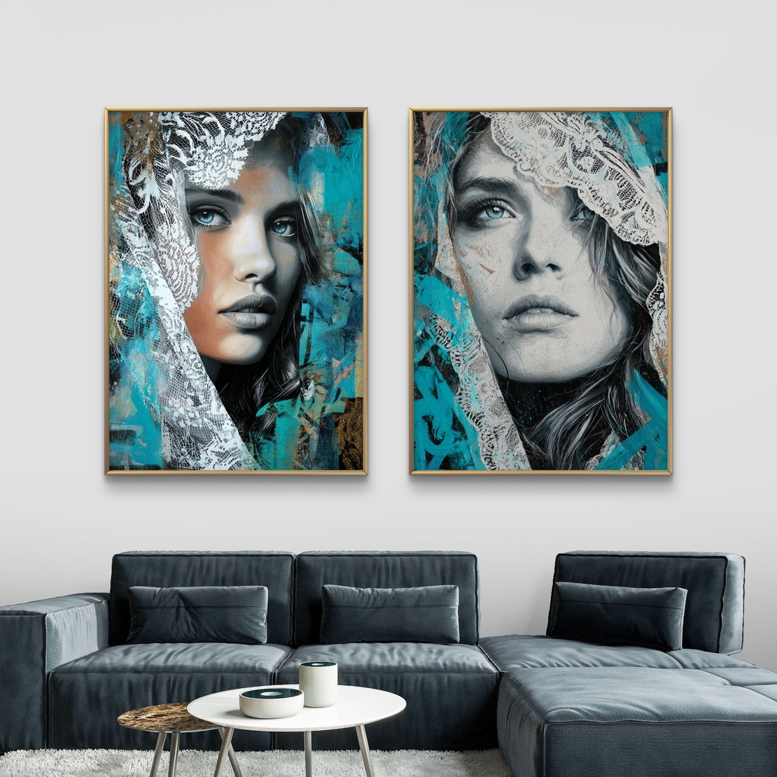 תמונת קנבס זוגית עם דיוקנאות נשיים אמנותיים בגווני טורקיז ושחור עם נגיעות תחרה