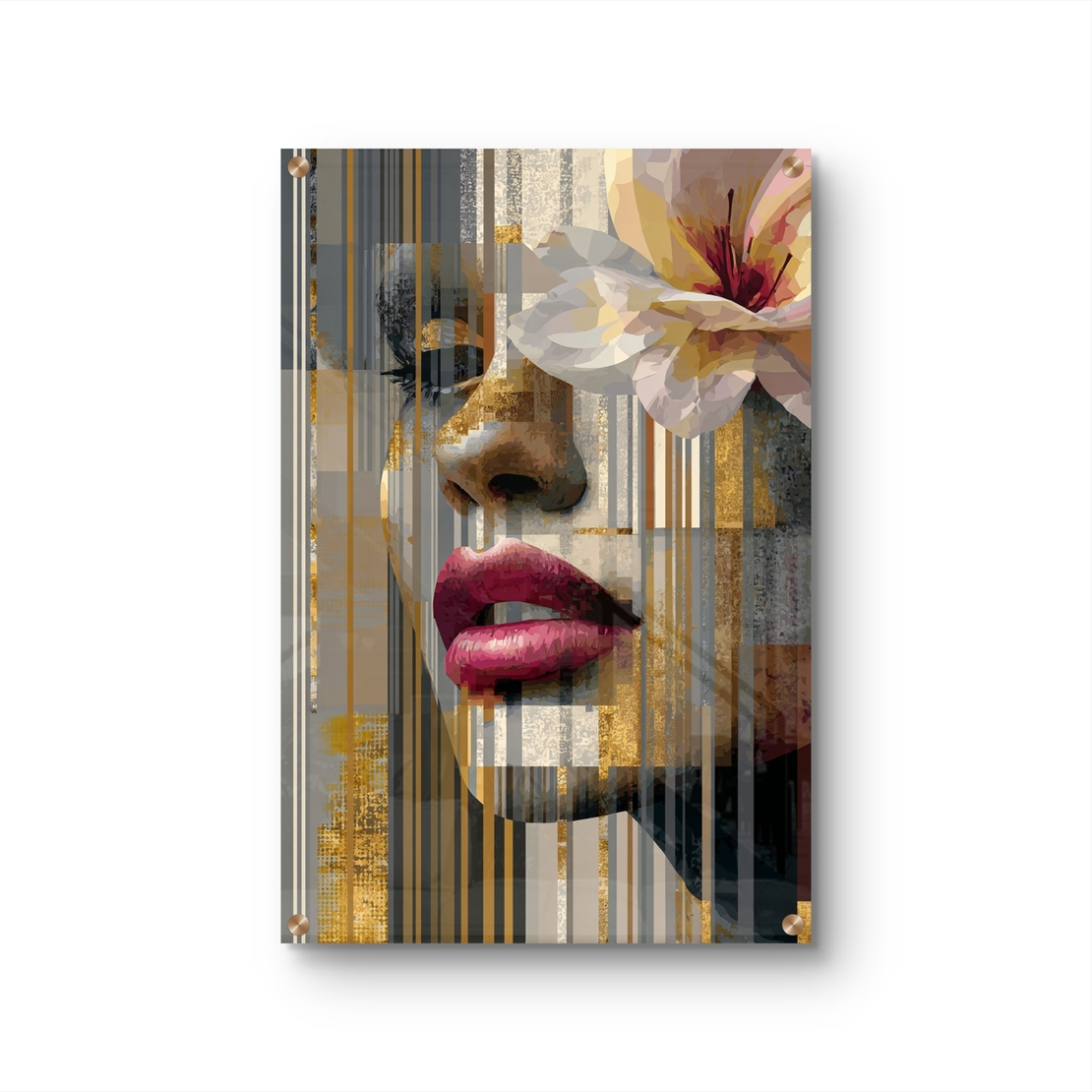 תמונת זכוכית בהדפסה חלקה של דיוקן נשי מופשט עם פרח בהיר, קווים אנכיים ושכבות צבע בגווני זהב, אפור ושחור.
