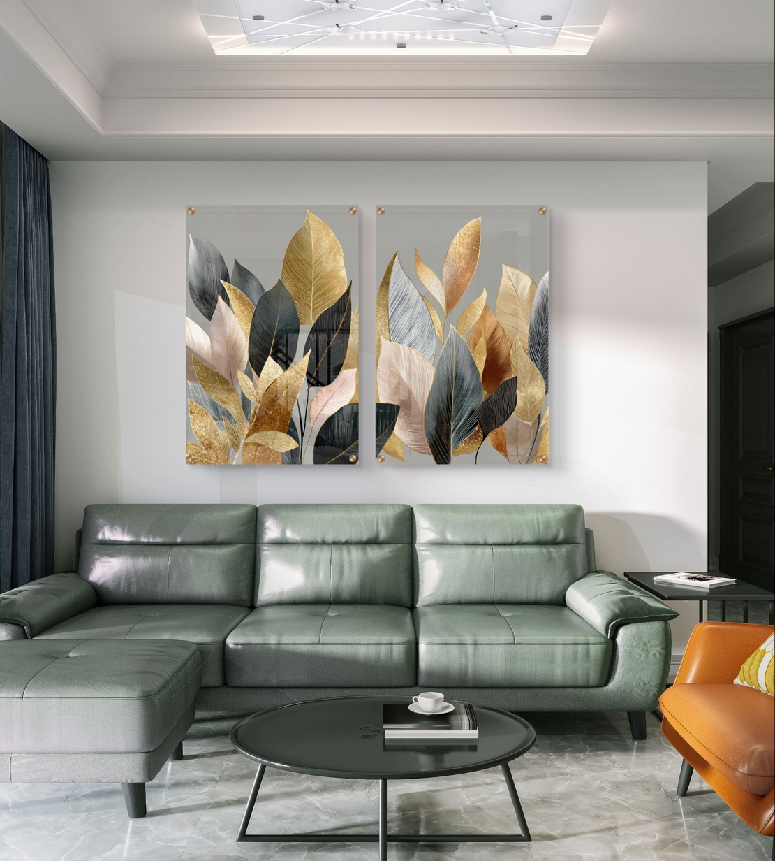 תמונת זכוכית זוגית עם עלים בגווני זהב, שמנת ושחור בעיצוב אלגנטי ומודרני