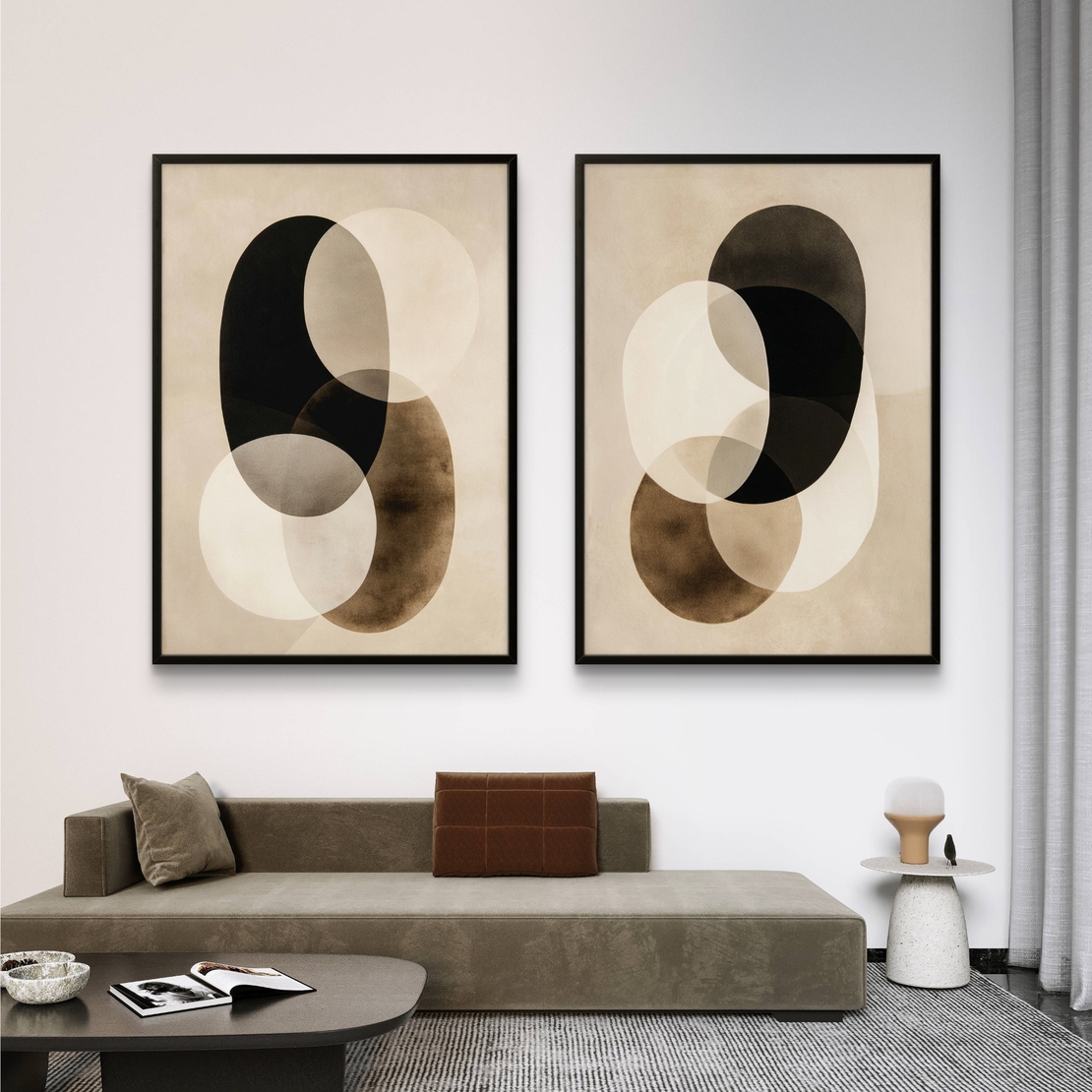 זוג תמונות קנבס אבסטרקטיות בגווני שמנת, שחור וקפה – דגם DA2221