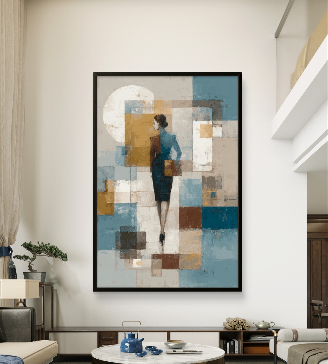 דמות בין בלוקים – תמונת קנבס אבסטרקט מודרנית בכחול, זהב ולבן | CY1211