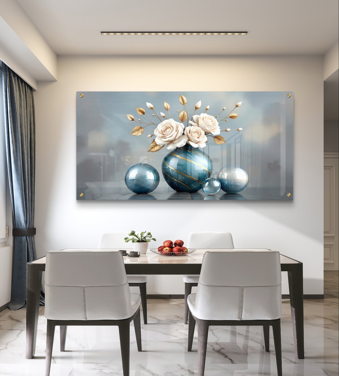תמונת קיר יוקרתית על זכוכית עם ורדים לבנים, טורקיז וזהב לפינת אוכל או סלון