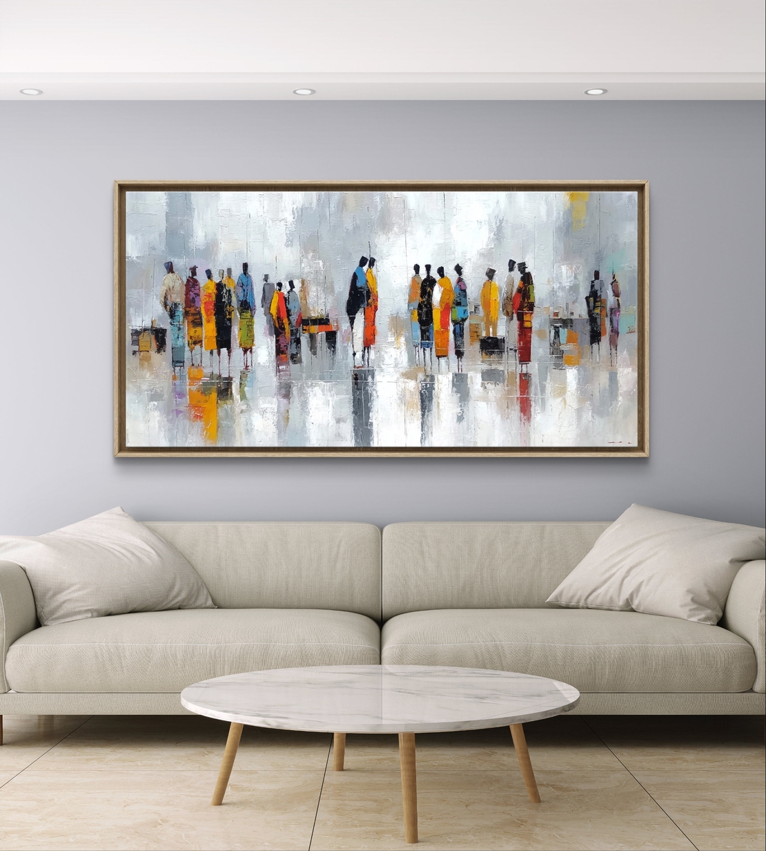 תמונת קנבס לרוחב עם דמויות אבסטרקטיות בצבעים חמים וסגנון מודרני