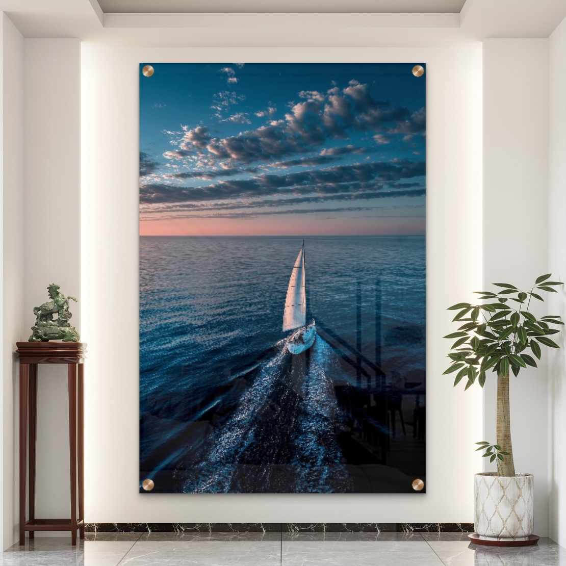 תמונת זכוכית של יאכטה השטה בים לקראת שקיעה – NEXTGEN BY BAR