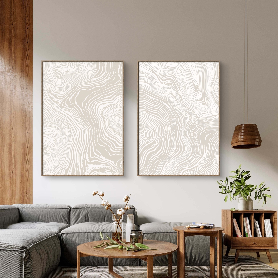 זוג תמונות קנבס עם קווים זורמים בגווני בז ושמנת