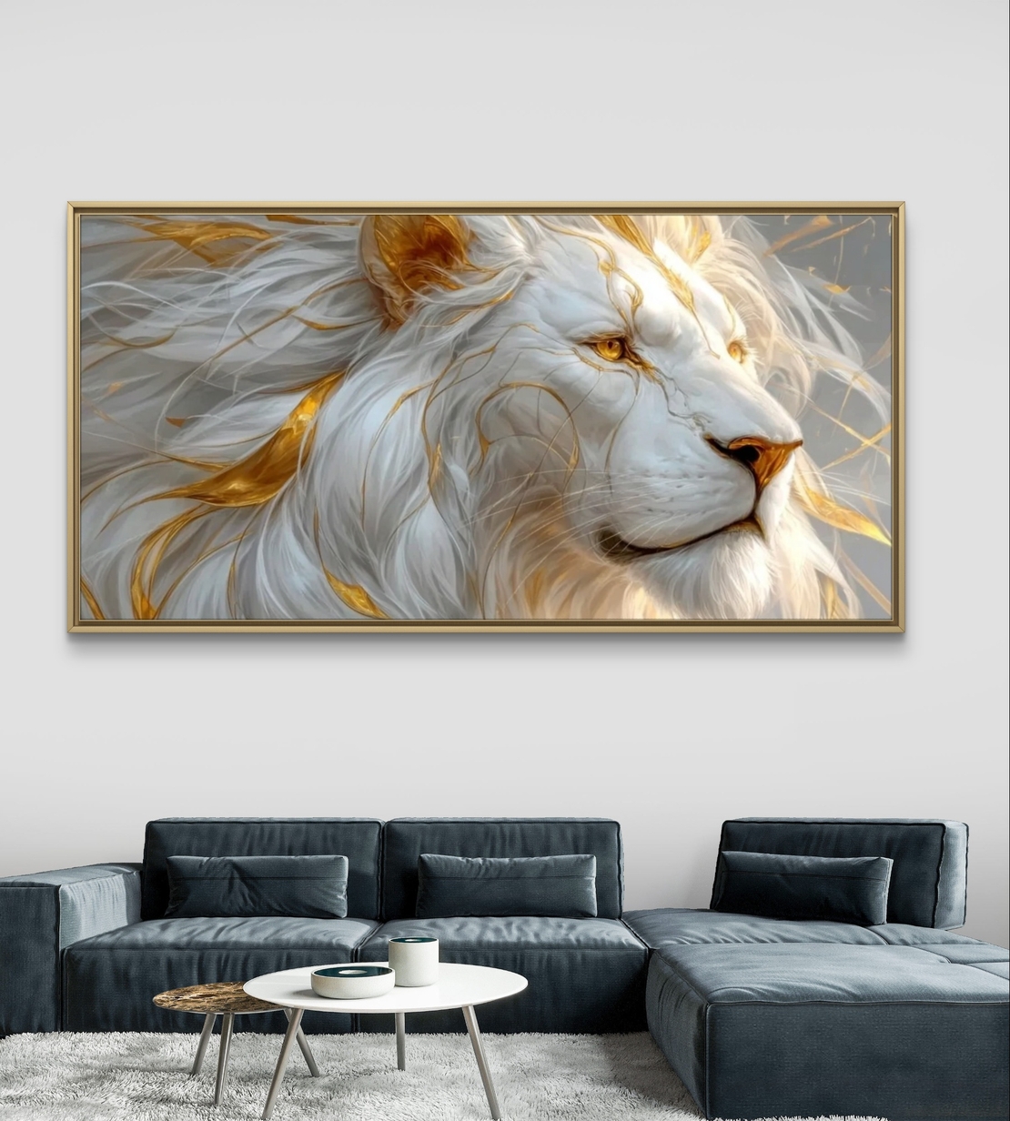 תמונת קנבס לרוחב של אריה לבן עם נגיעות זהב בעיצוב יוקרתי לעיצוב הבית