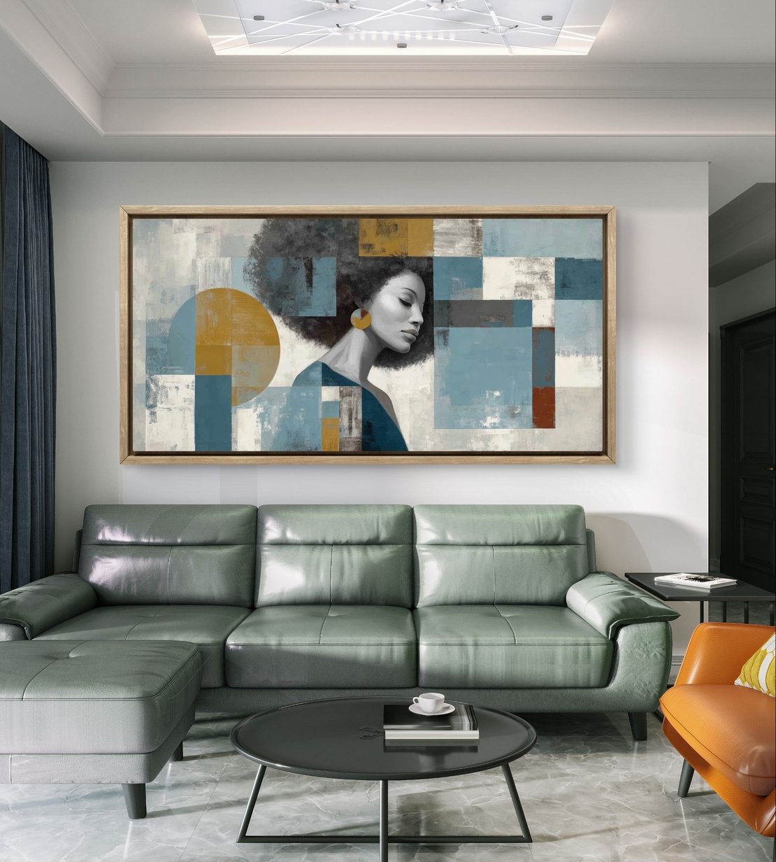 גיאומטריה נשית – תמונת קנבס דיוקן נשי אבסטרקטי בגווני כחול וזהב | CK4815