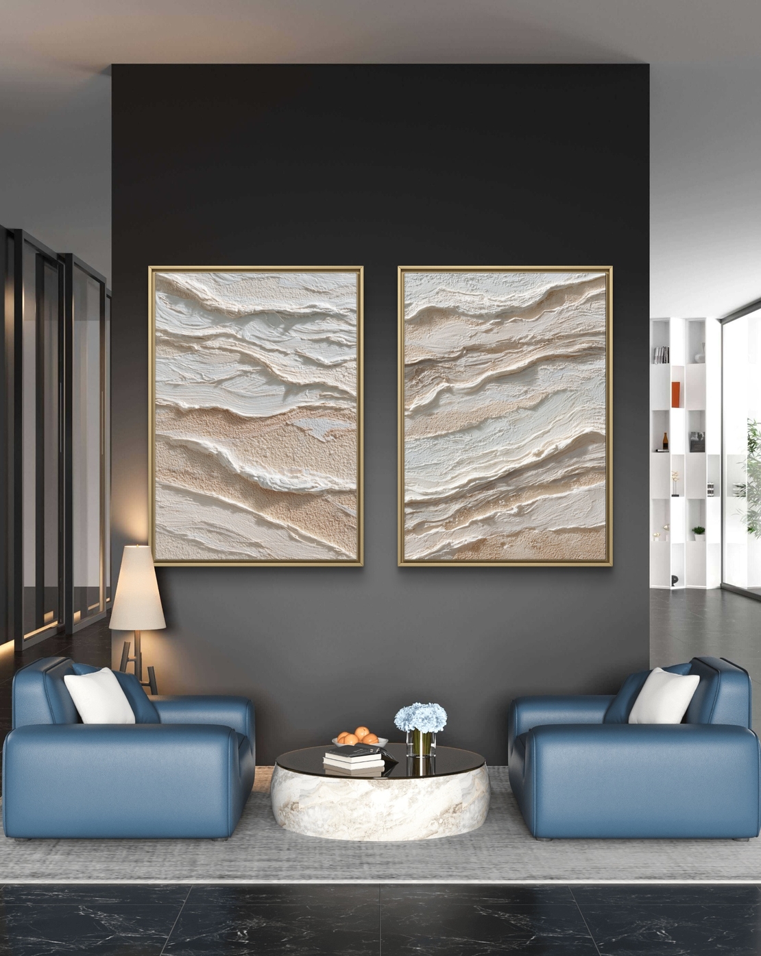 סט תמונות קנבס זוגיות בגווני שמנת ובז’ בעיצוב שכבות טבעיות ומינימליסטיות