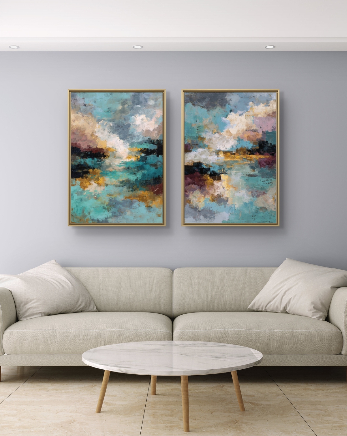 זוג תמונות קנבס מופשטות בגווני טורקיז, זהב ואפור, בהדפסה חלקה ואיכותית, מסדרת NEXTGEN של תכשיט לבית.
