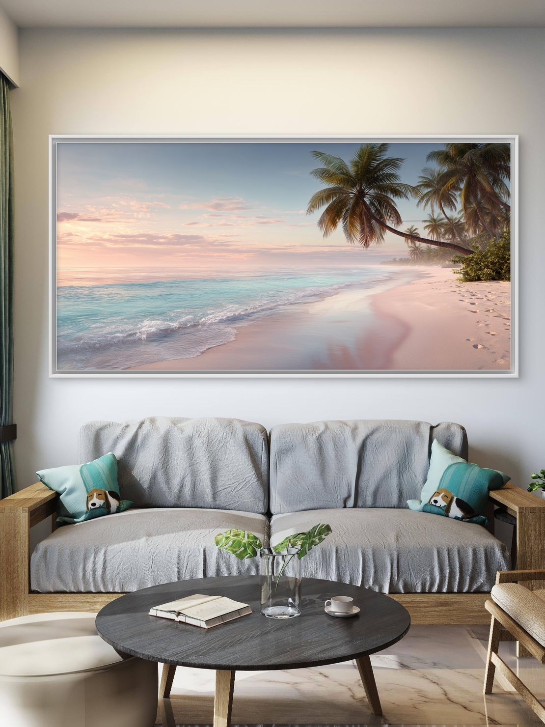 תמונת קנבס לרוחב של חוף טרופי בזריחה עם ים טורקיז ודקלים – NEXTGEN BY BAR