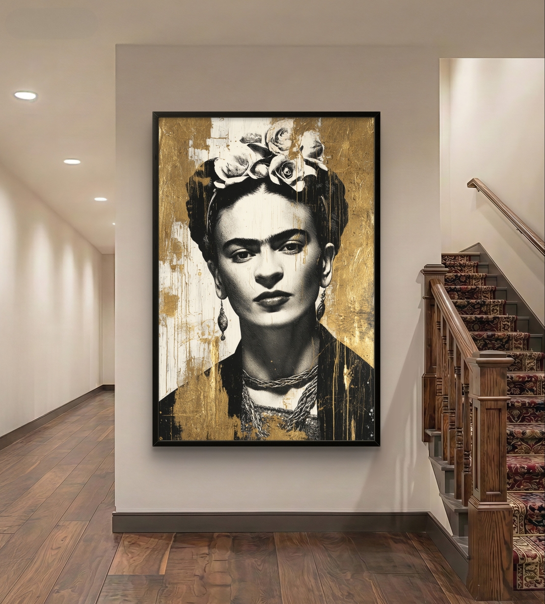 דיוקן זהב פרידה קאלו מונוכרומטי – תמונת קנבס אישה בשחור לבן וזהב | DC4472