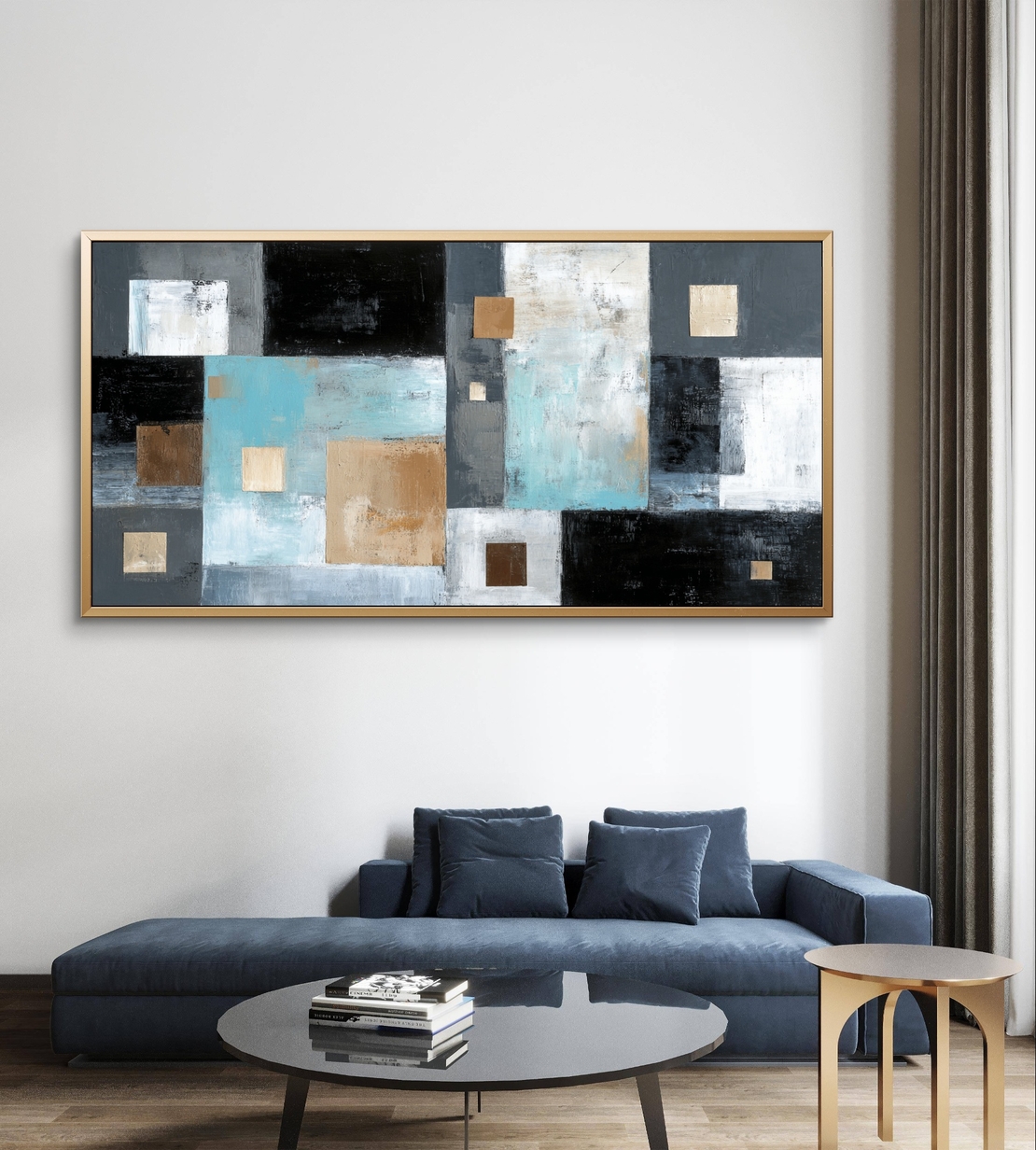 CK7121 — תמונת קנבס אבסטרקטית עם בלוקים גיאומטריים בגווני תכלת, שחור ובז׳