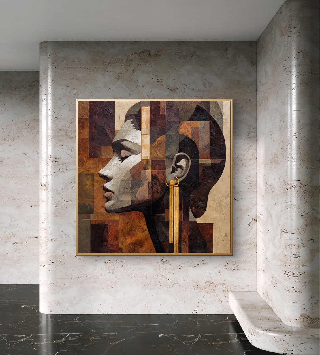 תמונת קנבס מרובעת עם דיוקן נשי אבסטרקטי בפרופיל, בגווני חום, בז’ וזהב, הדפסה חלקה ללא תבליט