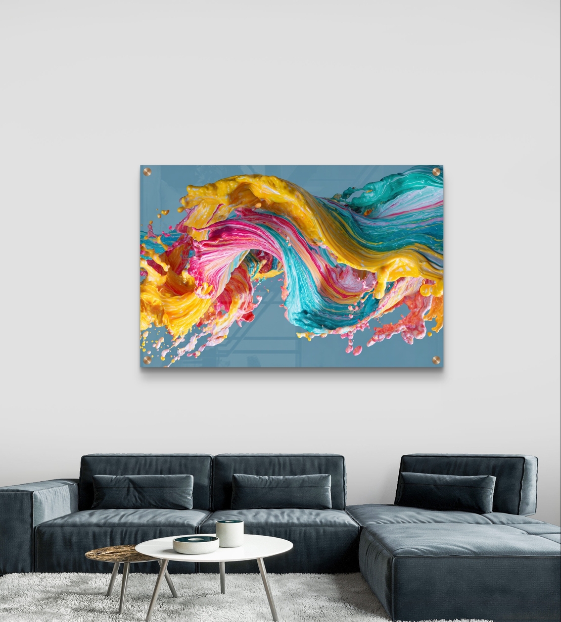 תמונת זכוכית אבסטרקטית עם גל צבעים דינמי בגווני טורקיז, צהוב וורוד בעיצוב מודרני