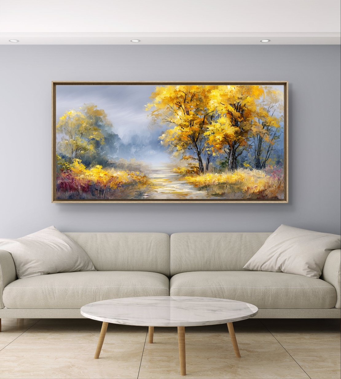 תמונת קנבס של שביל סתיו עם עצים זהובים ורקע טבעי רך