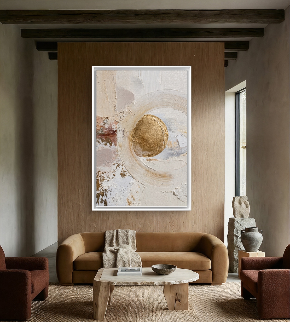 עיגול זהב שקט – תמונת קנבס אבסטרקט טקסטורלי בגווני שמנת, ורוד עתיק וזהב | CY1213