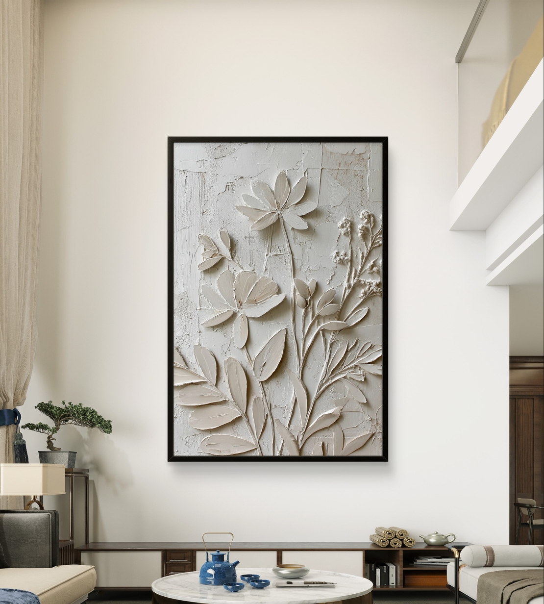 פרחי תבליט בגווני שמנת – תמונת קנבס טקסטורלית אלגנטית | DX5113