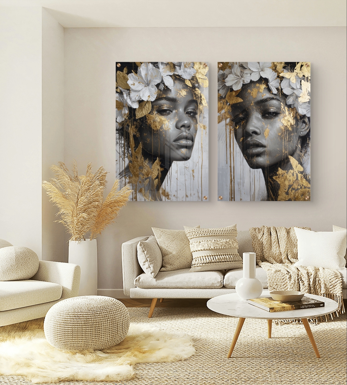 סט תמונות זכוכית זוגי עם פורטרט נשי אבסטרקטי בגווני שחור לבן ונגיעות זהב